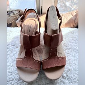 Clarks Tan Brown Leather Wedge Sandals with Ankle Strap